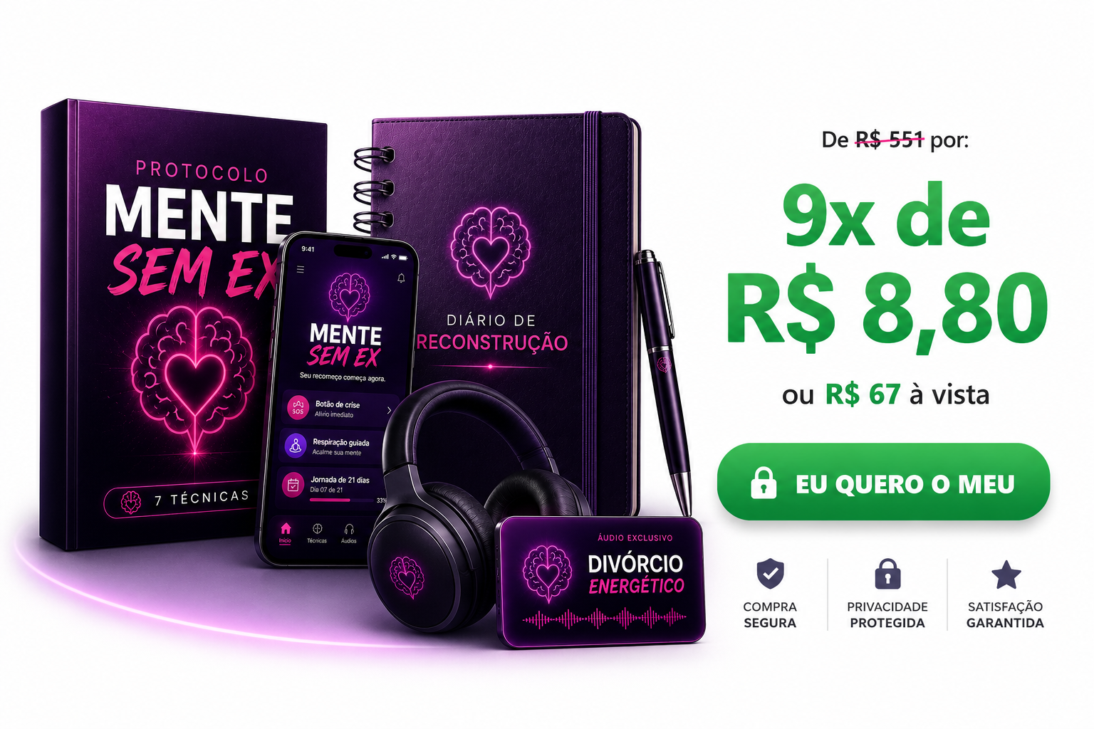 Combo Protocolo Mente Sem Ex, de R$ 551 por 9x de R$ 8,80 ou R$ 67 à vista. Clique para comprar.
