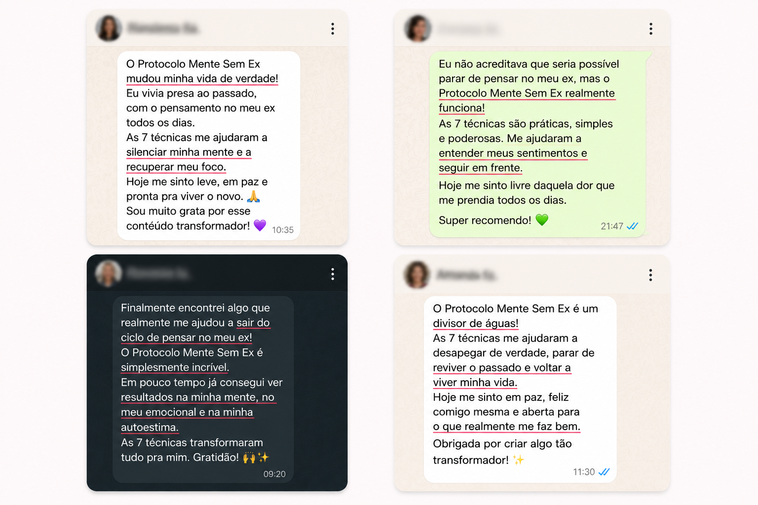 Depoimentos no WhatsApp de clientes